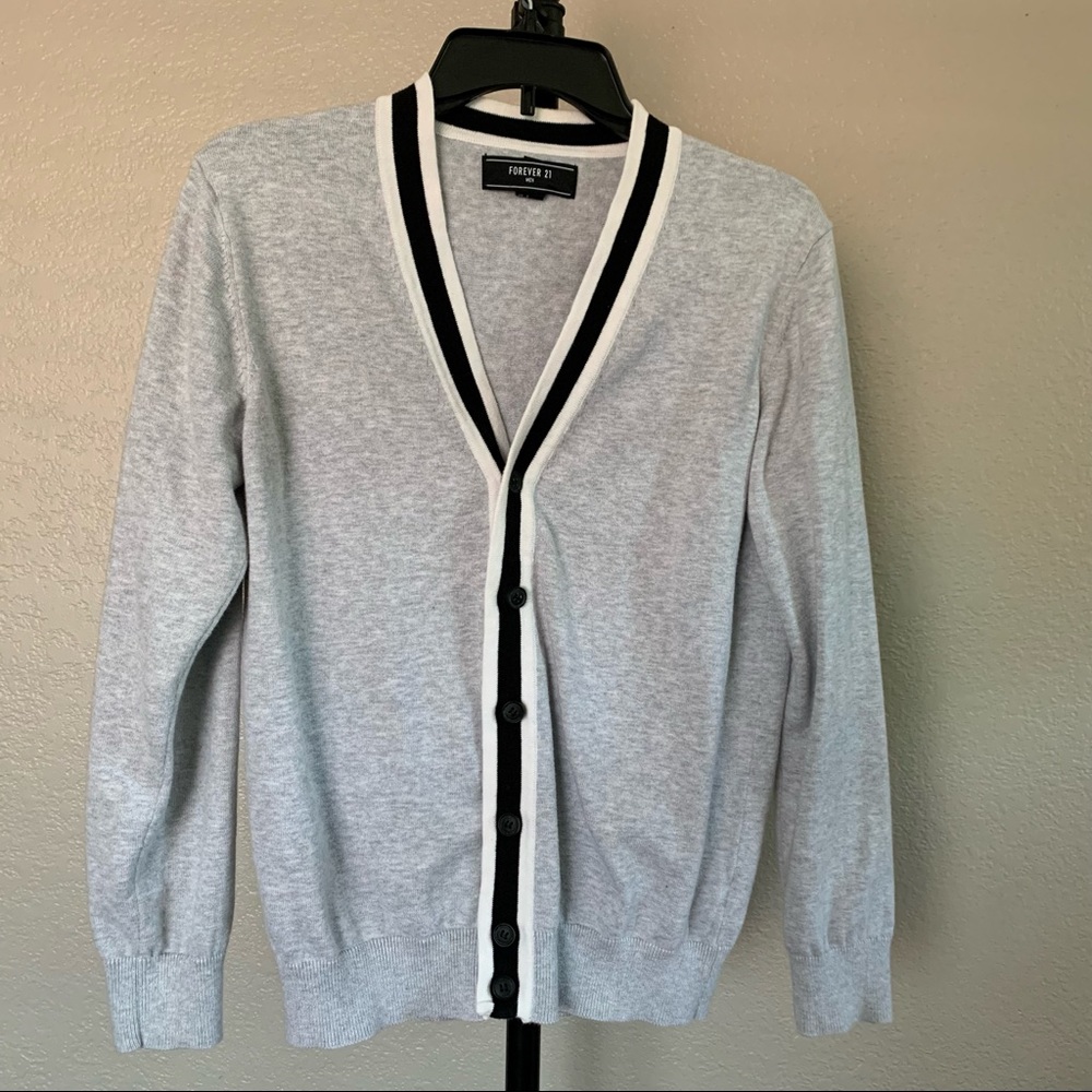 Forever 21 Men’s Stripe-Trim Gray Cardigan, Small